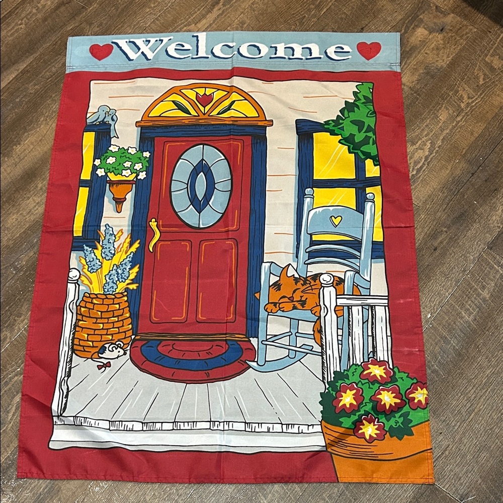 Decorative Yard Flag 2000 Welcome Sign‎ Porch Orange Cat 28.5" x 40 Cottagecore